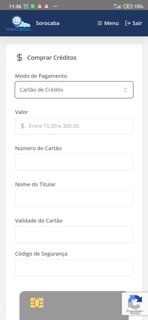 App Vaga Legal Zona Azul Sorocaba - Tela Compra de créditos