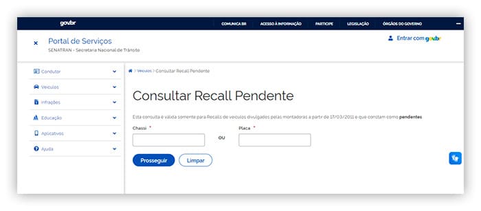 Consultar recall pendente no SENATRAN